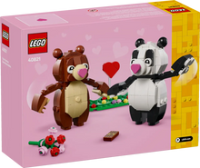 Load image into Gallery viewer, LEGO Valentine Love Bears set boxed set by Brick Shack featuring brown and panda bears holding a heart and flowers
