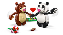 Load image into Gallery viewer, LEGO Valentine Love Bears set by Brick Shack featuring brown and panda bears holding a heart and flowers
