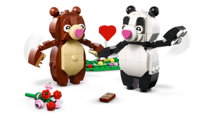 LEGO Valentine Love Bears set by Brick Shack featuring brown and panda bears holding a heart and flowers