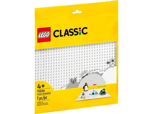 LEGO white baseplate from LEGO Classic series in yellow packaging with building bricks on display