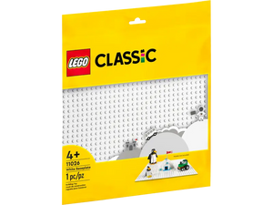 LEGO white baseplate from LEGO Classic series in yellow packaging with building bricks on display