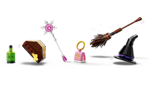 Load image into Gallery viewer, LEGO Wicked Elphaba and Glinda figures accessories including potion, book, wand, broomstick, and witch hat from Brick Shack boxed set
