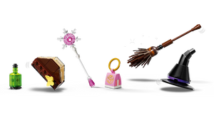 LEGO Wicked Elphaba and Glinda figures accessories including potion, book, wand, broomstick, and witch hat from Brick Shack boxed set