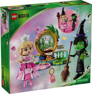 LEGO boxed set featuring LEGO Wicked Elphaba and Glinda figures with accessories and themed backdrop