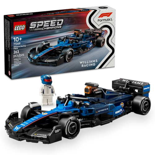 LEGO Williams Racing FW46 boxed set by WAYLAND featuring detailed blue Formula 1 car and driver minifigure