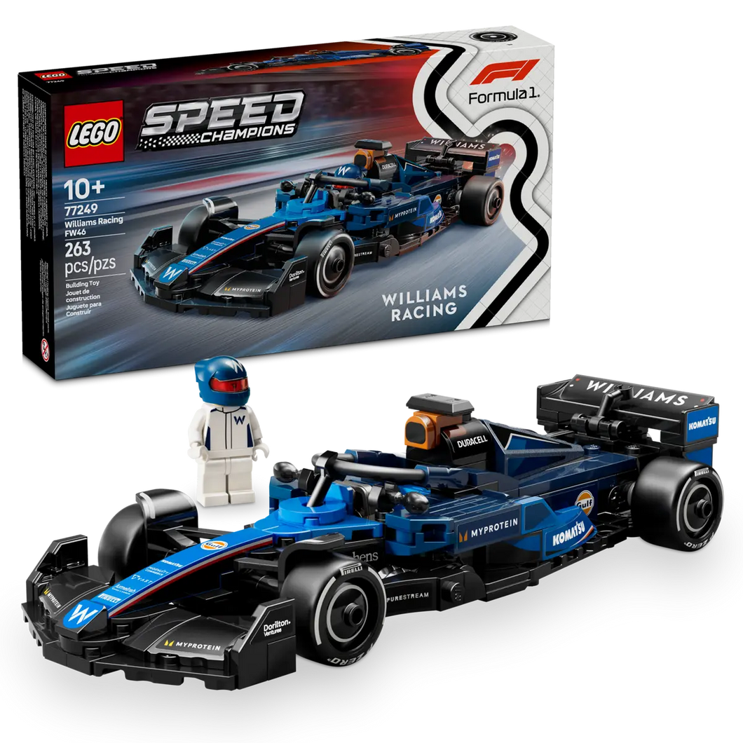 LEGO Williams Racing FW46 boxed set by WAYLAND featuring detailed blue Formula 1 car and driver minifigure