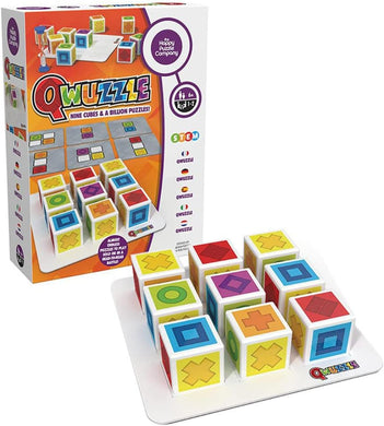 Happy Qwuzzle puzzle game with nine colourful cubes on a white tray and the bright orange packaging