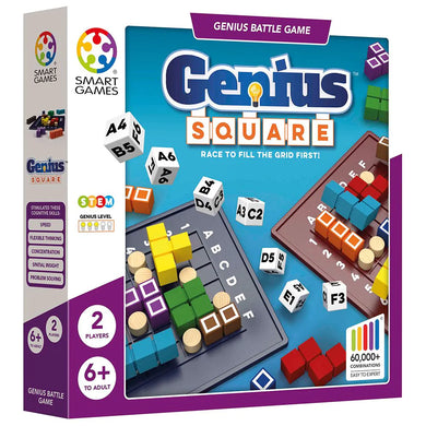 Smart Genius Square puzzle game with colourful wooden pieces and dice for two players aged six and above