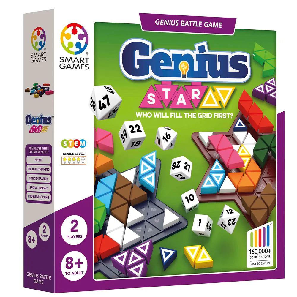 Smart Genius Star puzzle game box showing colourful geometric pieces and dice for two players aged 8 plus