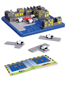 Smart Roadblock puzzle game with city buildings, small cars, and challenge booklet on blue board