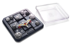 Smart Asteroid Escape puzzle game featuring spaceship and asteroid pieces on black game board with clear lid