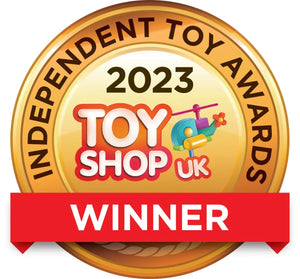 2023 Independent Toy Awards winner badge featuring Smart Cats & Boxes puzzle game