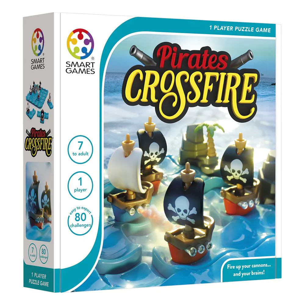 Smart Pirates Crossfire puzzle game box showing pirate ships and ocean challenge pieces for one player