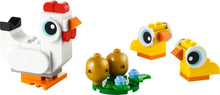 Load image into Gallery viewer, Brick Shack LEGO Easter Chickens polybag with white hen two yellow chicks and golden eggs on green base
