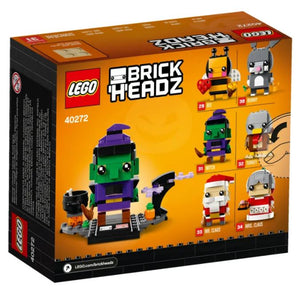LEGO Brickheadz Halloween Witch boxed set featuring a green witch figure with purple hat and Halloween themed accessories