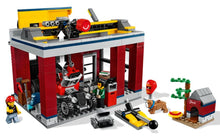 Load image into Gallery viewer, LEGO City Tuning Workshop set by Brick Shack featuring a detailed garage, tools, minifigures, and a doghouse
