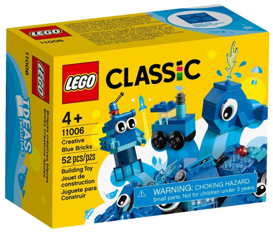 LEGO Classic Creative Blue Bricks set with 52 pieces including blue whale and robot builds