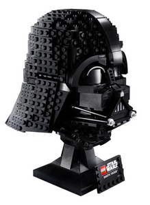 Darth Vader helmet LEGO set 75304 on display with intricate detailing and stand for collectors