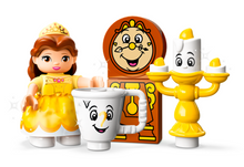 Load image into Gallery viewer, LEGO DUPLO Disney Belle set featuring Belle figure, Cogsworth clock, Lumiere candelabra, and Chip teacup characters

