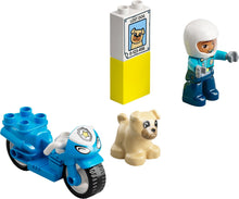 Load image into Gallery viewer, LEGO DUPLO Police Motorcycle 10967 set with a police officer, dog, and lost pet sign

