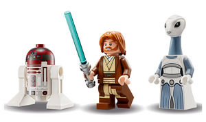LEGO Star Wars Obi-Wan Starfighter set minifigures including Obi-Wan Kenobi with lightsaber, droid, and alien character